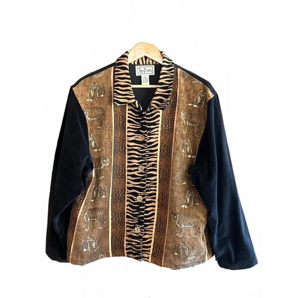 VIntage Tantrums Womens Jacket XL Brown Animal Print Button Up Bohochic